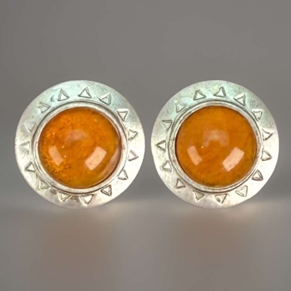 Vintage, brushed silvertone, amber pierced earrings - Picture 3 of 8